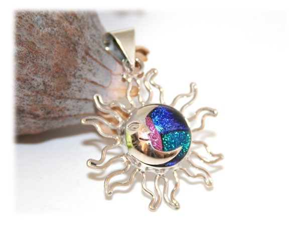 Pendentif Soleil Lune Bleu Rose Argent