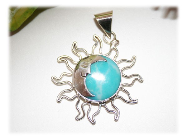 Pendentif Soleil Lune Turquoise Argent, pendentif turquoise , Bijoux Trésor de Gaïa