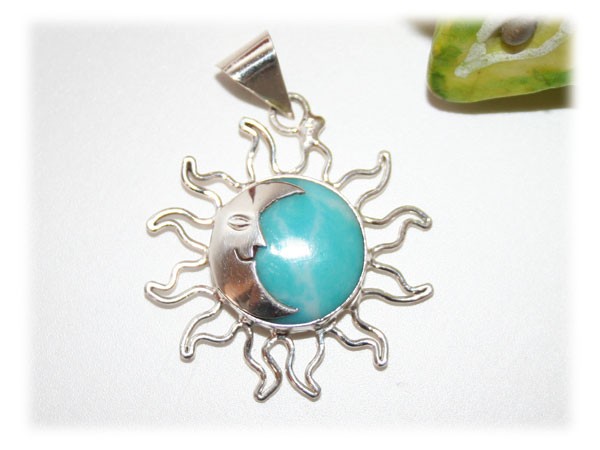 Pendentif Soleil Lune Turquoise Argent, pendentif turquoise , Bijoux Trésor de Gaïa